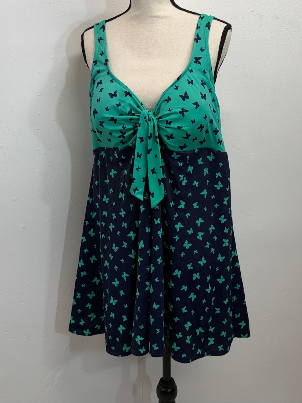 Green and Navy Butterfly Tie-Front Tank Dress